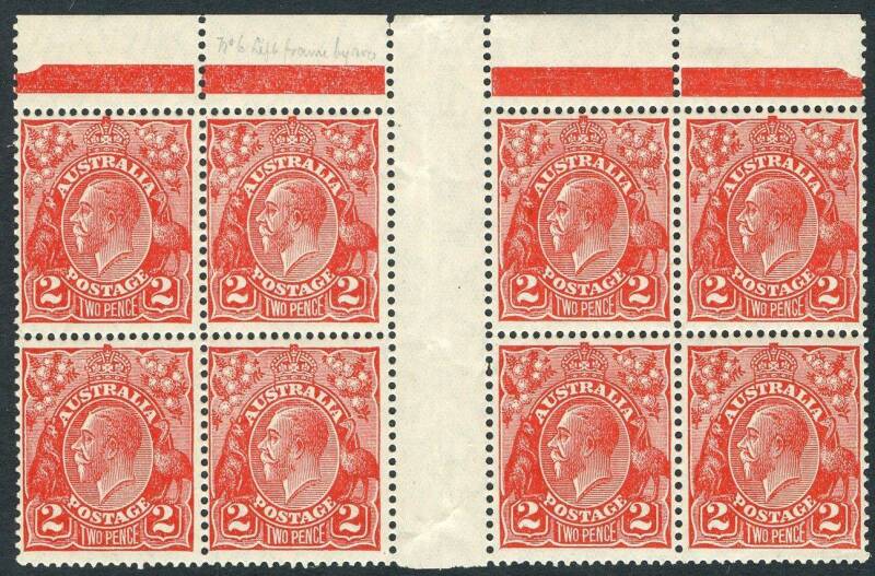 KGV - Small Multi Wmk Perf.13½ X 12½ - 2d Red (Die 2) block of 8 from top of sheet with central gutter and top margin. 6 MUH, 2 MLH.