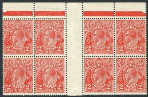 KGV - Small Multi Wmk Perf.13&frac12; X 12&frac12; - 2d Red (Die 2) block of 8 from top of sheet with central gutter and top margin. 6 MUH, 2 MLH.