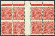 KGV - Small Multi Wmk Perf.13&frac12; X 12&frac12; - 2d Red (Die 2) block of 8 from top of sheet with central gutter and top margin. 6 MUH, 2 MLH.