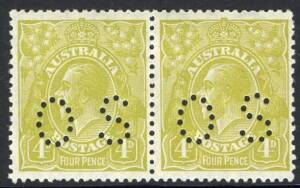 KGV - Small Multi Wmk Perf.13½ X 12½ - 4d Greenish Olive, perforated OS horizontal pair; attractive & scarce MUH.