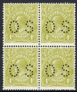 KGV - Small Multi Wmk Perf.13½ X 12½ - 4d Greenish-Olive, perforated OS block of 4; superbly centred. 2 MUH, 2 MLH. Cpl. of nibbed perfs at lower right.