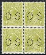 KGV - Small Multi Wmk Perf.13&frac12; X 12&frac12; - 4d Greenish-Olive, perforated OS block of 4; superbly centred. 2 MUH, 2 MLH. Cpl. of nibbed perfs at lower right.