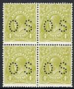 KGV - Small Multi Wmk Perf.13½ X 12½ - 4d Greenish-Olive, perforated OS block of 4; superbly centred. 2 MUH, 2 MLH. Cpl. of nibbed perfs at lower right.