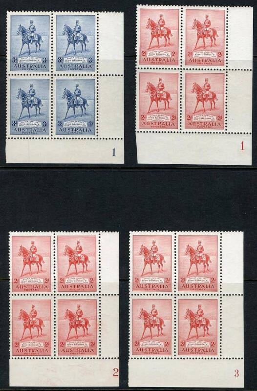 KGV - Commemoratives - 1935 KGV Jubilee (SG.156-7) Complete set of 2d and 3d Plate Number blks.4 from the Lower Right corner of the sheet; 7 blocks, all Mint/MUH. (28). Cat.$155.