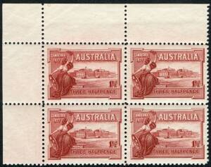 King George V Period - 1927 (SG.105) 1½d Canberra, upper left corner block of 4, with most of the Plate Number "6" visible in the top margin. Very fine and fresh MUH. BW:132ze - Cat.$1750 (but unpriced for MUH!). Only 15 examples of Plate No.6 have been r