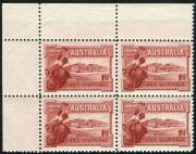 King George V Period - 1927 (SG.105) 1&frac12;d Canberra, upper left corner block of 4, with most of the Plate Number "6" visible in the top margin. Very fine and fresh MUH. BW:132ze - Cat.$1750 (but unpriced for MUH!). Only 15 examples of Plate No.6 have been r
