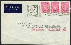 King George VI Period - Oct.1945 airmail cover from Sydney to California USA unusually bearing KGVI 1/4 Magenta (x3) paying the 4/- rate.