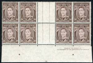 King George VI Period - 1937-49 Definitives 3d purple-brown KGVI (SG.187) imprint block of 8 from the base of the sheet also with complete Plate Number '14', mounted in the gutter only, Cat $600 (mounted). Superb and very rare.