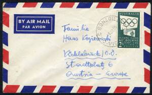 QEII - 1953-65 Issues - "C.I.C. BONEGILLA - VIC." [Commonwealth Immigration Camp] cds of Dec.1955 tieing 2/- green Olympic Publicity on airmail cover to AUSTRIA.