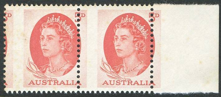 QEII - 1953-65 Issues - 1965 (SG.354c) 5d red QE2, horizontal marginal pair, both units showing DRAMATICALLY MISPLACED VERTICAL PERFORATIONS. (2) MUH. BW:402bb - Cat.$500+