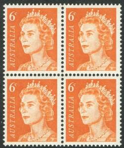 Decimal Issues - 1970-73 (SG.387a) QEII 6c Orange, block of 4 on NON-HELECON UNCOATED paper, superb MUH; from one of very few sheets known. Gives a dull grey reaction under UV light. BW:446ad - Cat.$400.