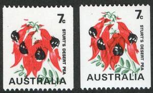 Decimal Issues - 1971 (SG.468bb) 7c Sturt's Desert Pea, variety "Buff omitted" together with a normal stamp for comparison. MUH. (2). Cat.&pound;225. BW:535ce.