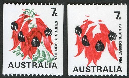 Decimal Issues - 1971 (SG.468bc) 7c Sturt's Desert Pea, variety "Buff & green omitted" together with a normal stamp for comparison. MUH. (2). Cat.£80. BW:535cg.