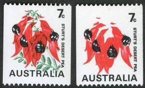 Decimal Issues - 1971 (SG.468bc) 7c Sturt's Desert Pea, variety "Buff & green omitted" together with a normal stamp for comparison. MUH. (2). Cat.£80. BW:535cg.