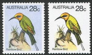 Decimal Issues - 1980 (SG.735 variety) 28c Rainbow Bird with variety "Pale blue omitted"; superb MUH and accompanied by a normal stamp for comparison. (2). BW:816ca - Cat.$400.