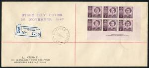 First Day Covers - FDC: 20 Nov.1947: 1d Princess Imprint blk.6 on registered Krone cover from Caulfield South. Very scarce.