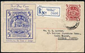 First Day Covers - FDC: 11 Apr.1949: 5/- Arms on MILLER BROS cover from RIALTO, VIC. Superb.