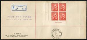 First Day Covers - FDC: 12 July 1948: 2½d Farrer Imprint blk.(4) on registered Krone cover from Caulfield South. Very scarce.