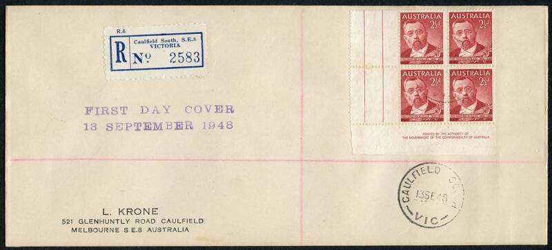 First Day Covers - FDC: 13 Sept.1948: 2½d von Mueller Imprint blk.(4) on registered Krone cover from Caulfield South. Very scarce.