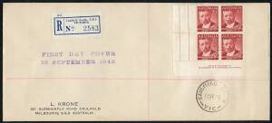 First Day Covers - FDC: 13 Sept.1948: 2½d von Mueller Imprint blk.(4) on registered Krone cover from Caulfield South. Very scarce.