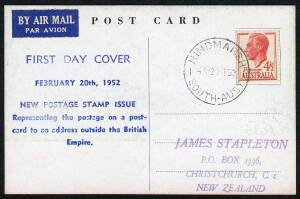 First Day Covers - FDC: 20 Feb.1952: 4½d red KGVI on Arthur Bergen A.N.A. DC4 Skymaster postcard to New Zealand. With HINDMARSh cds.