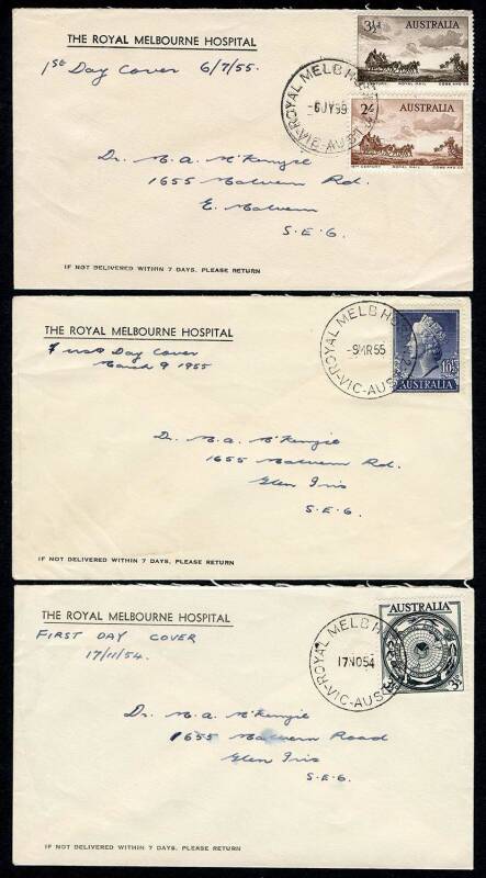 First Day Covers - FDCs: A group of covers, all serviced at the newly opened Post Office at the ROYAL MELBOURNE HOSPITAL: Apr.1954 3½d Telegraph, June 1954 3½d Red Cross, Nov.1954 Antarctica, Dec.1954 2/- blue Olympics, Mar.1955 1/0½ QE2 and July 1955 3½d
