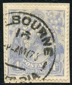 Officials - 1918-23 (SG.O74) KGV 4d Blue, perf.OS well centred and FU on small piece with May 1926 cds. The stamp shows the Cooke Plate varieties "Break in upper right frame and white spot over FO of FOUR" [BW:112(2)vd]. Cat.$120.