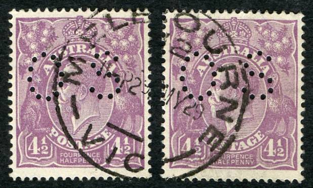 Officials - 1924 (SG.O84) KGV 4½d Violet perf.OS (2, once a pair); superbly centred with a shared May 1929 cds. BW:118b - $150+.