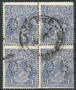 Officials - KGV: Small Mult Wmk. 1926-30 (SG.O93) 3d Blue, perf.OS block of 4 with May 1929 LATE FEE cds. A scarce multiple. Cat.£52++