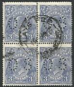 Officials - KGV: Small Mult Wmk. 1926-30 (SG.O93) 3d Blue, perf.OS block of 4 with May 1929 LATE FEE cds. A scarce multiple. Cat.£52++