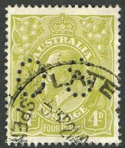 Officials - KGV: 1926-30 (SG.O94) Small Multi Wmk.perf.14: 4d Olive perforated OS, FU. BW:115b - $100.