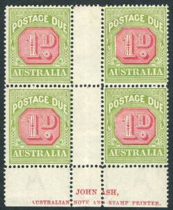 Postage Dues - 1922-30 (SG.D91) 1d Carmine & Green, Ash Imprint block, superb MLH/MUH. BW:D106zb.