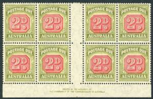 Postage Dues - 1946-57 (SG.D121) 2d Carmine & Green, lower marginal blk.(8) with Authority Imprint [with dot] and showing the prominent flaw "Extra diamond dot in curve of 2, with white flaw alongside". Mainly MUH; fine and fresh.