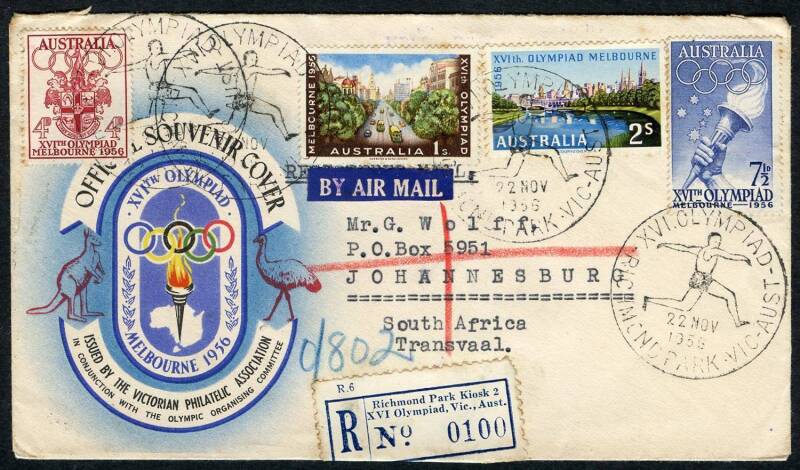 Commonwealth Postal History - "Richmond Park Kiosk 2 / XVI Olympiad, Vic., Aust." temporary post office registration label on VPA Souvenir cover bearing Olympics complete set tied by athlete pictorial cds's; addressed to South Africa. A scarce label.