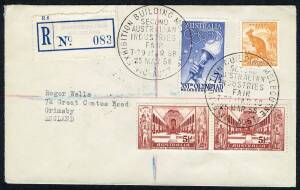 Commonwealth Postal History - 25 Mar.1958 "SECOND AUSTRALIAN INDUSTRIES FAIR - EXHIBITION BUILDING MELBOURNE" cds's tieing stamps on registered cover to England; provisional R-label 083 with handstamped INDUSTRIES FAIR details.