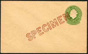 Envelopes - EMBOSSED ENVELOPE: 1953 [ACSC.EP50w] 3d green QE2 on buff, overprinted SPECIMEN for UPU distribution. Only 400 overprinted. Cat.$150.