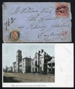 Postal History (New South Wales) - 1861 Goulburn to England registered cover bearing 1/- diadem plus 6d REGISTERED, both cancelled by "35" rays of Goulburn; b/stamps incl. Sydney and Goulburn. On Ed Druce exhibit page together with a PC of Goulburn P.O. [