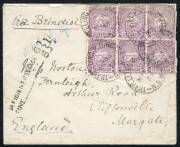 Postal History (New South Wales) - May 1889 usage of 1d Lilacs (6) tied by "TRAVELLING P.O. NORTH NSW MY 24 89" cds's on cover (roughly opened; part backflap absent) to England; endorsed "Via Brindisi" with 2-line "DEFICIENT POSTAGE 6(d)/FINE 6(d)/ 1/-" a