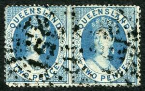 Queensland - 1860-61 (SG.7) 2d blue Chalon, wmk Small Star, clean cut  perf.15.5 x 14. in a horizontal pair with Rays '151' cancel. Cat.£220.