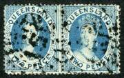 Queensland - 1860-61 (SG.7) 2d blue Chalon, wmk Small Star, clean cut &nbsp;perf.15.5 x 14. in a horizontal pair with Rays '151' cancel. Cat.&pound;220.
