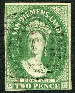 Tasmania - 1855 (SG.16) 2d Green Chalon head, wmk Large Star, imperf. with 3½ good-to-large margins FU. Cat.£450.