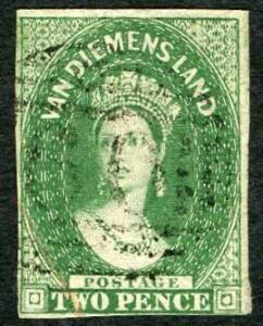 Tasmania - 1855 (SG.16) 2d Green Chalon head, wmk Large Star, imperf. with 3&frac12; good-to-large margins FU. Cat.&pound;450.