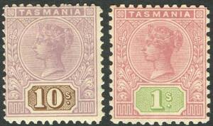 Tasmania - 1906-7 (SG.257a & 258) Tablets: 1/- rose & green, perf.11; & 10/- mauve & brown, perf.12&frac12;. Mint. Cat.&pound;300+.