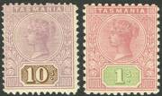 Tasmania - 1906-7 (SG.257a & 258) Tablets: 1/- rose & green, perf.11; & 10/- mauve & brown, perf.12½. Mint. Cat.£300+.