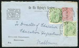 Postal Stationery (Victoria) - OFFICIALS: Sept 1923 usage of QV 1d 'On His...." Envelope (blue stock) for the Education Dep't  uprated 1d with 2 x KGV ½d Greens perf.OS, FU from "SNAKE VALLEY" with 3 strikes of the cds.