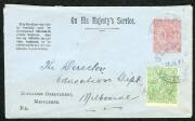 Postal Stationery (Victoria) - OFFICIALS: July 1924 usage of QV 1d 'On His...." Envelope (blue stock) for the Education Dep't &nbsp;uprated KGV &frac12;d Green perf.OS, FU from "CLUNES" with 2 strikes of the cds.