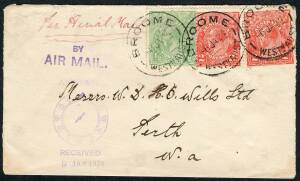 Australian Aerophilately - 6 Jan.1924 flown cover bearing KGV ½d Green + 2d Reds (2) FU from BROOME to Perth.