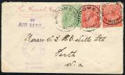 Australian Aerophilately - 6 Jan.1924 flown cover bearing KGV &frac12;d Green + 2d Reds (2) FU from BROOME to Perth.