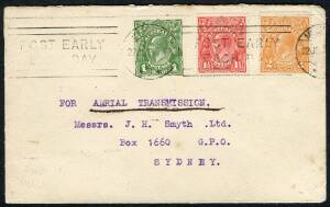 Australian Aerophilately - 22 July 1925 (AAMC.87) Melbourne - Sydney flown cover carried by A.A.S. on their inaugural flight linking several new intermediates. Lovely 3-colour franking. Cat.$300.