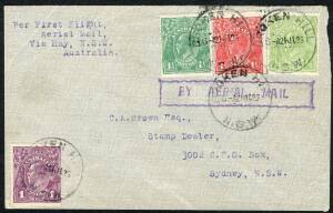 Australian Aerophilately - 21 July 1925 (AAMC.88) Broken Hill - Sydney flown cover carried by A.A.S. on their inaugural service via several new intermediates between Adelaide, Melbourne & Sydney. Lovely 4-colour KGV franking including &frac12;d Yellow-Green. Cat